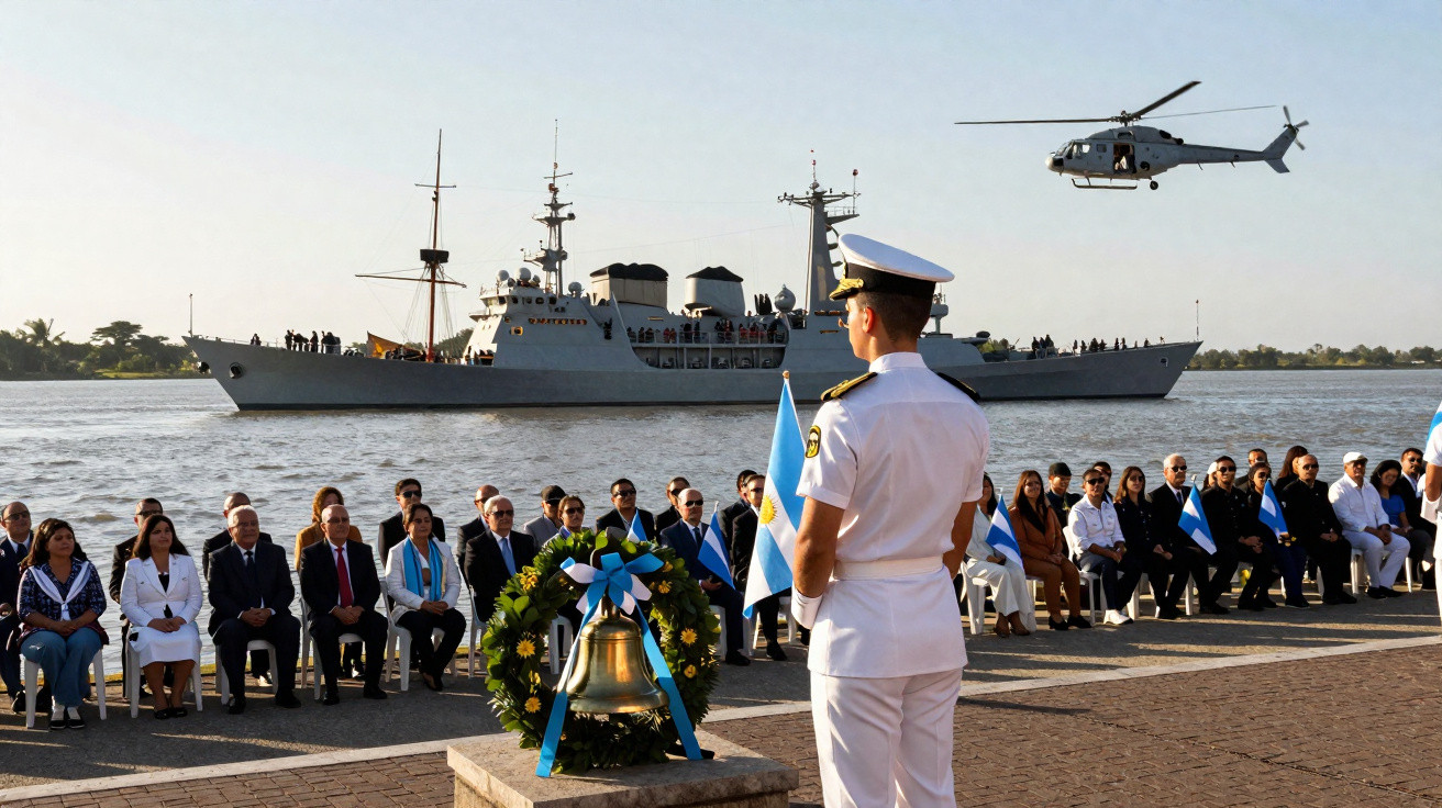 Cerimónia militar à beira do rio com navio de guerra e helicóptero em segundo plano.