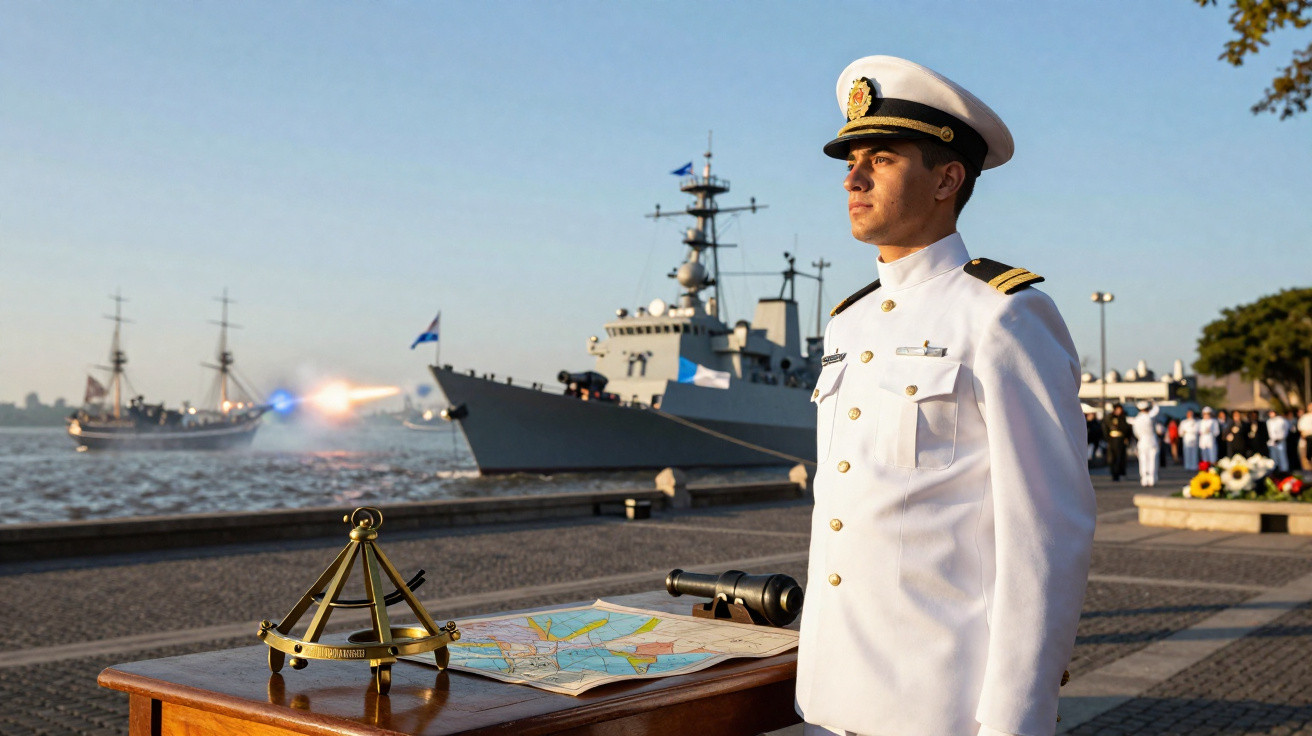 Jovem oficial naval em farda branca junto a mapa e sextante, com navios ao fundo num cais ao pôr do sol.