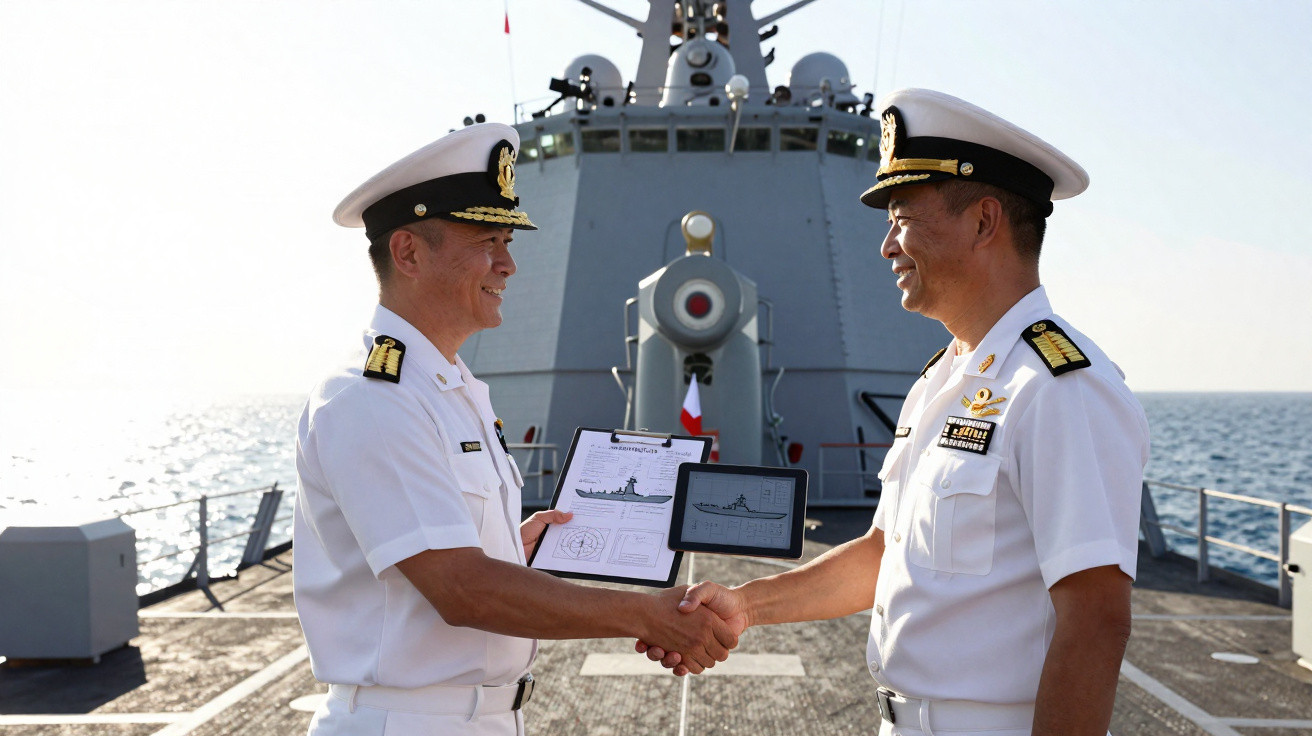 Dois oficiais navais em uniformes brancos apertam as mãos no convés de um navio naval no mar.