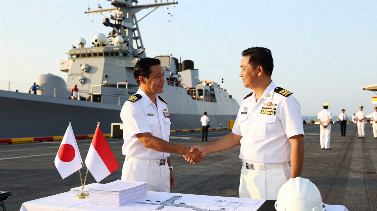 Dois oficiais navais de uniformes brancos cumprimentam-se junto a uma mesa com bandeiras do Japão e Indonésia, com um navio d