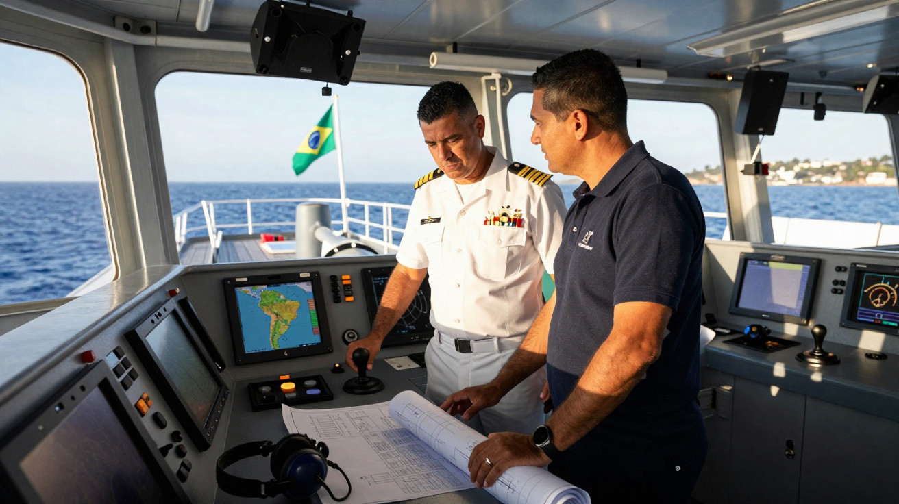Dois homens no comando de um barco, um de uniforme branco e outro de camiseta azul, com mapas e equipamentos náuticos.
