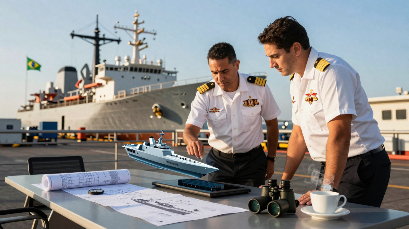 Dois oficiais navais analisam modelo de navio e plantas numa mesa junto a um cais com navio ao fundo.