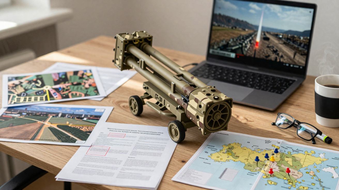 Mesa com miniatura de canhão, documentos, mapa com marcadores, óculos e computador portátil com imagem de míssil.