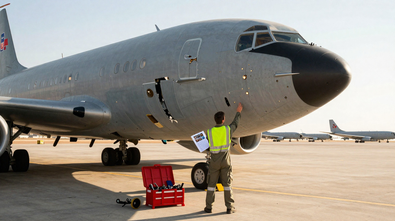 Técnico em colete refletor inspeciona a parte frontal de um avião militar estacionado num aeroporto.