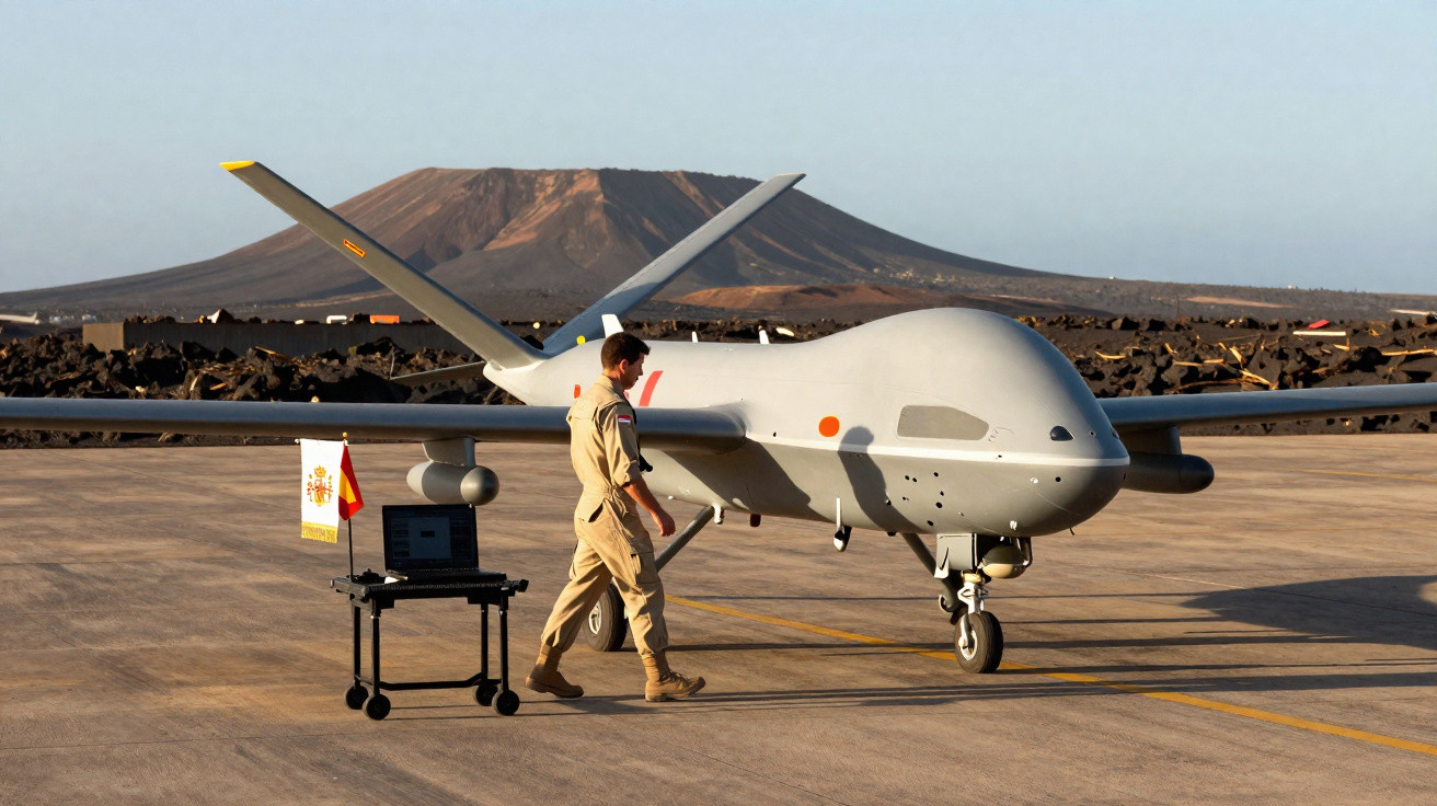 Homem em uniforme militar junto a drone grande em pista de descolagem com montanha ao fundo.