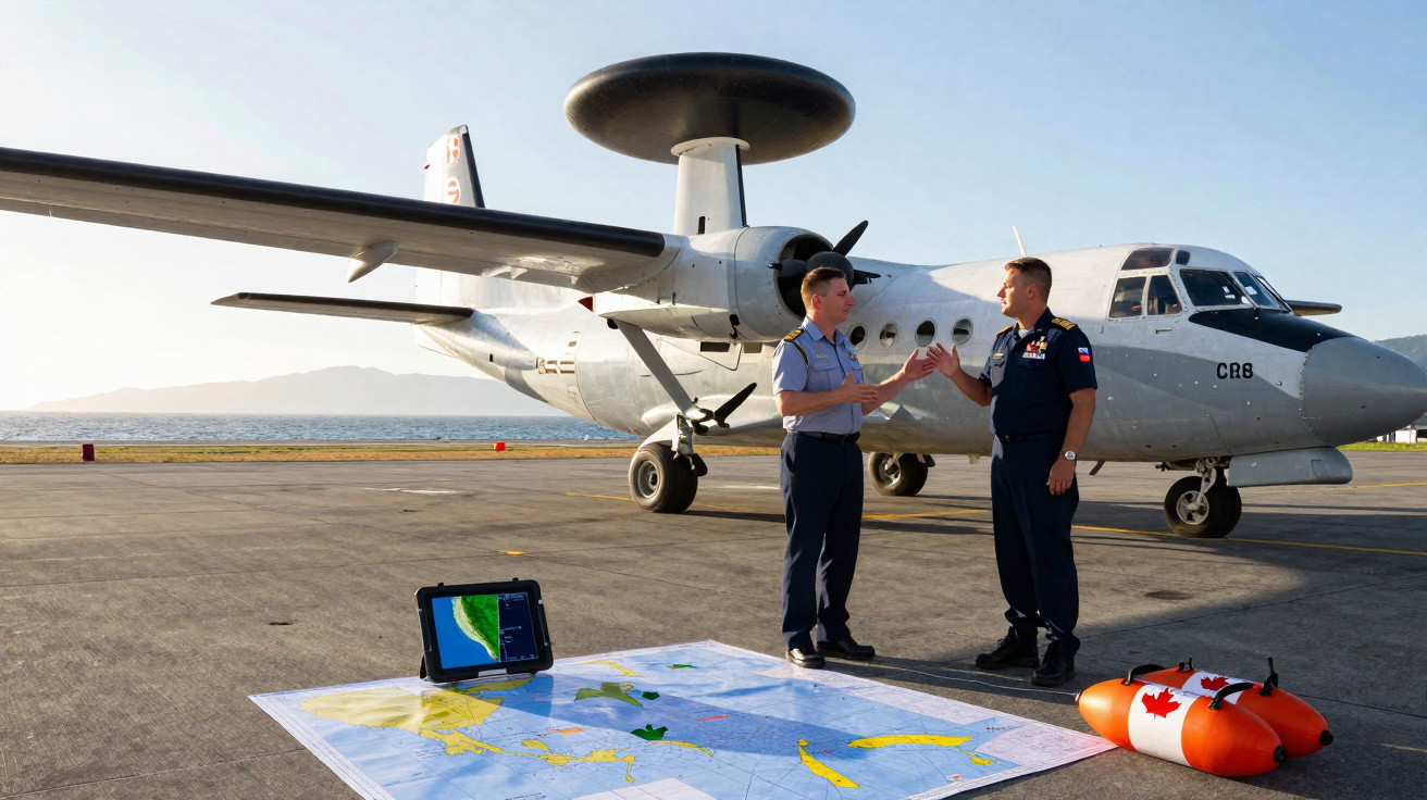 Dois militares junto a aeronave e mapas no chão num aeródromo com mar e montanhas ao fundo.