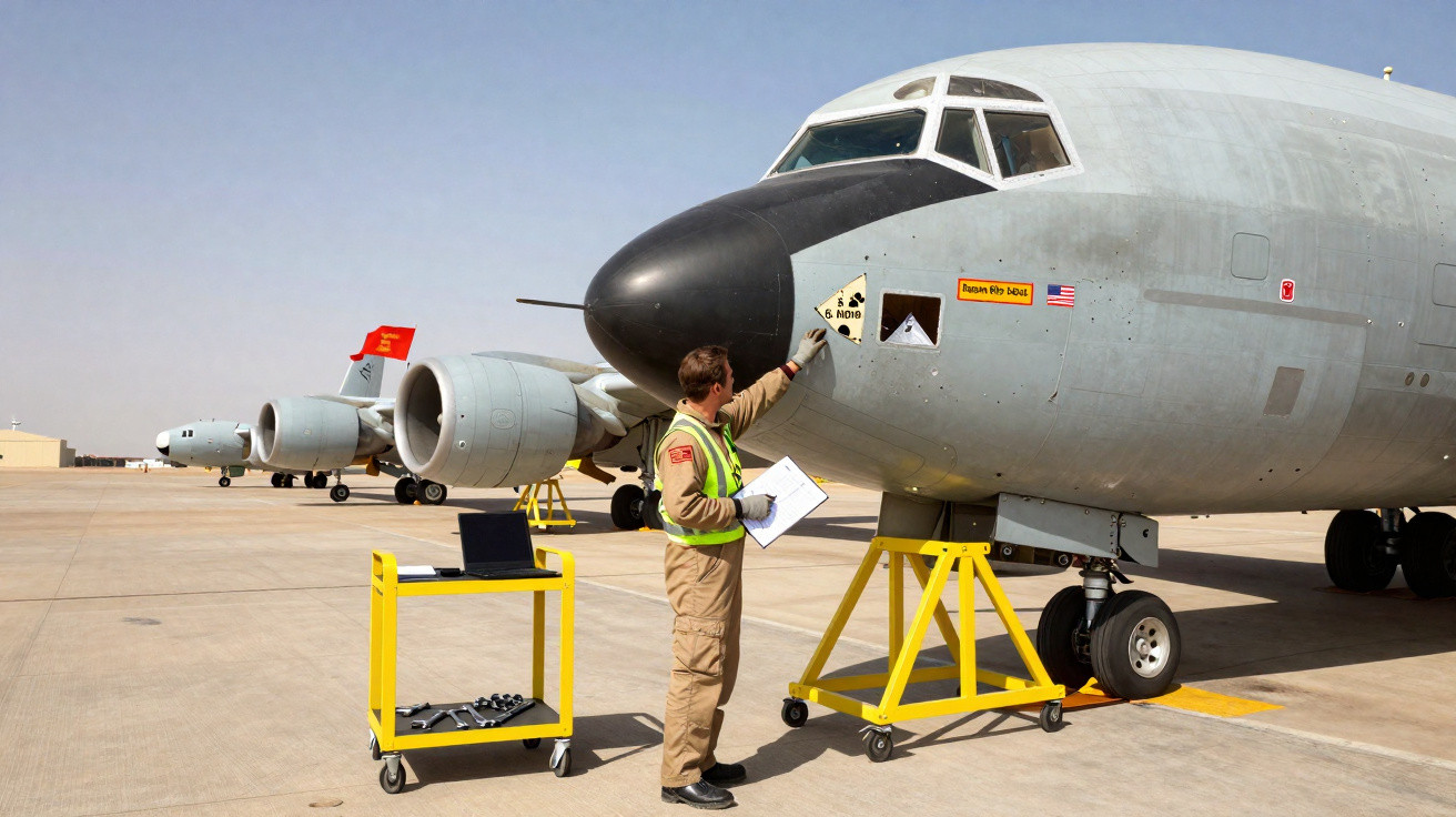 Técnico em manutenção inspeciona avião militar cinzento estacionado numa pista, com um carrinho de ferramentas ao lado.