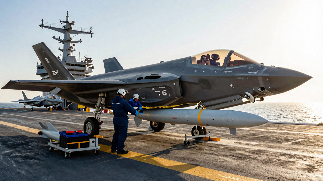 Caça F-35 da marinha em porta-aviões com tripulação a preparar equipamento antes da descolagem.