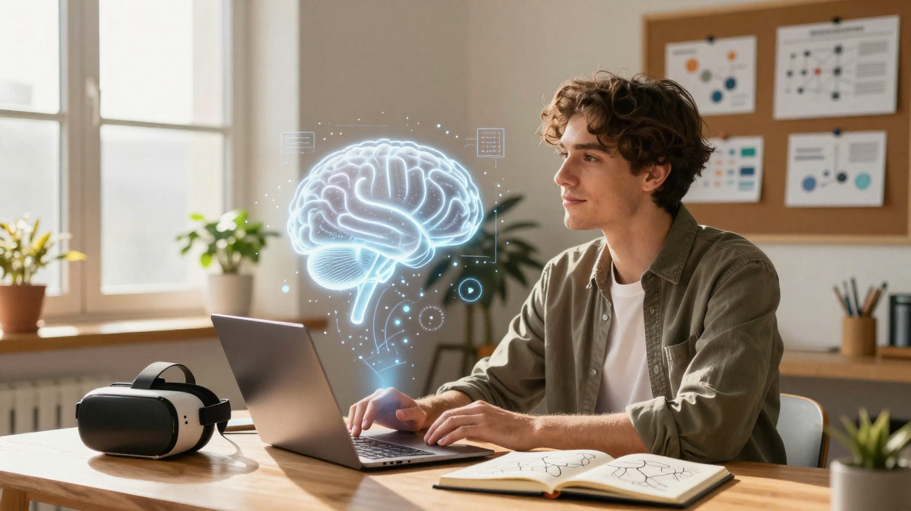 Jovem a trabalhar num portátil com realidade virtual, holograma de cérebro e caderno aberto numa mesa iluminada.