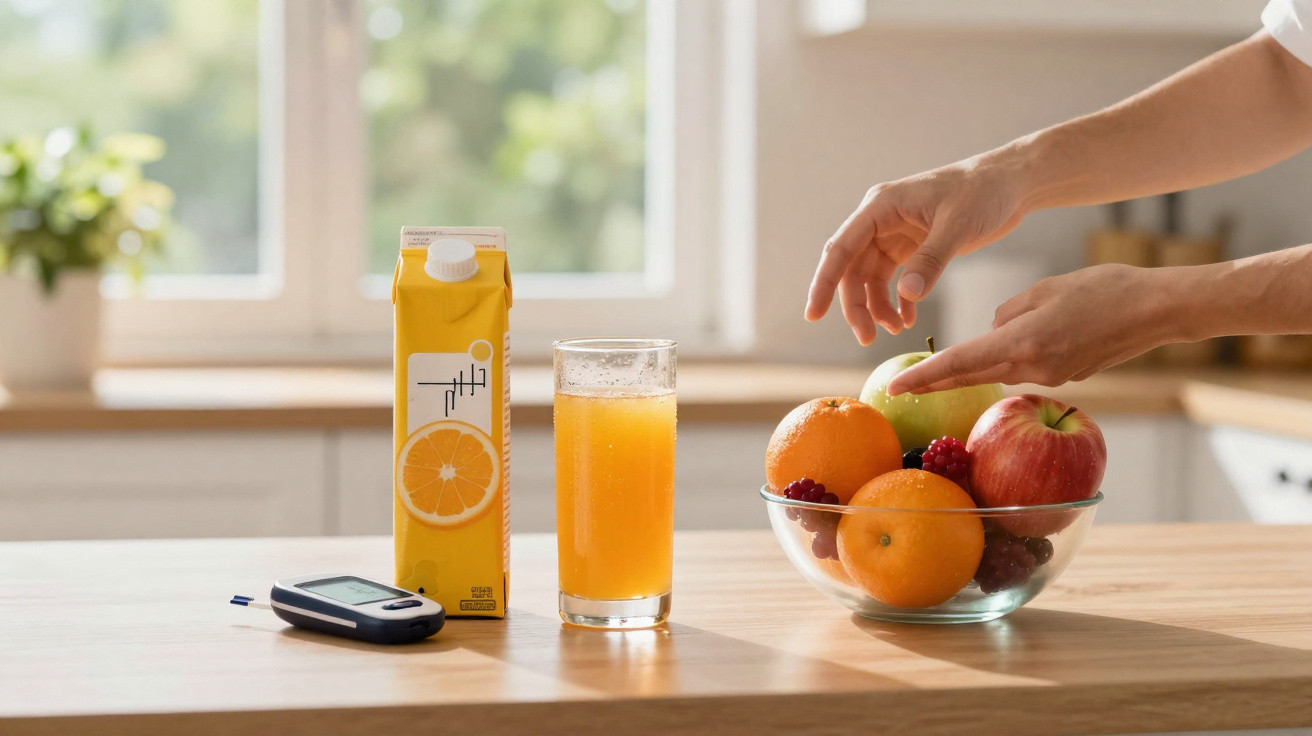 Fruta fresca numa taça e sumo de laranja com aparelho de medição de glicose numa cozinha iluminada.