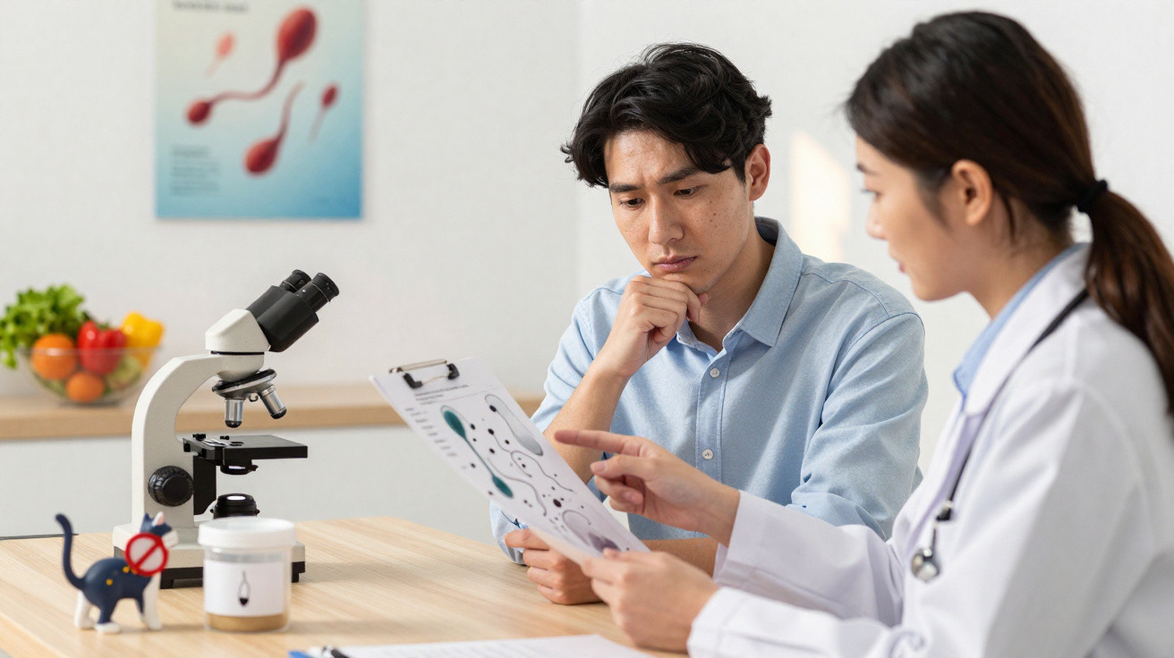 Homem consulta resultados de exame com médica num consultório de fertilidade, com microscópio ao lado.