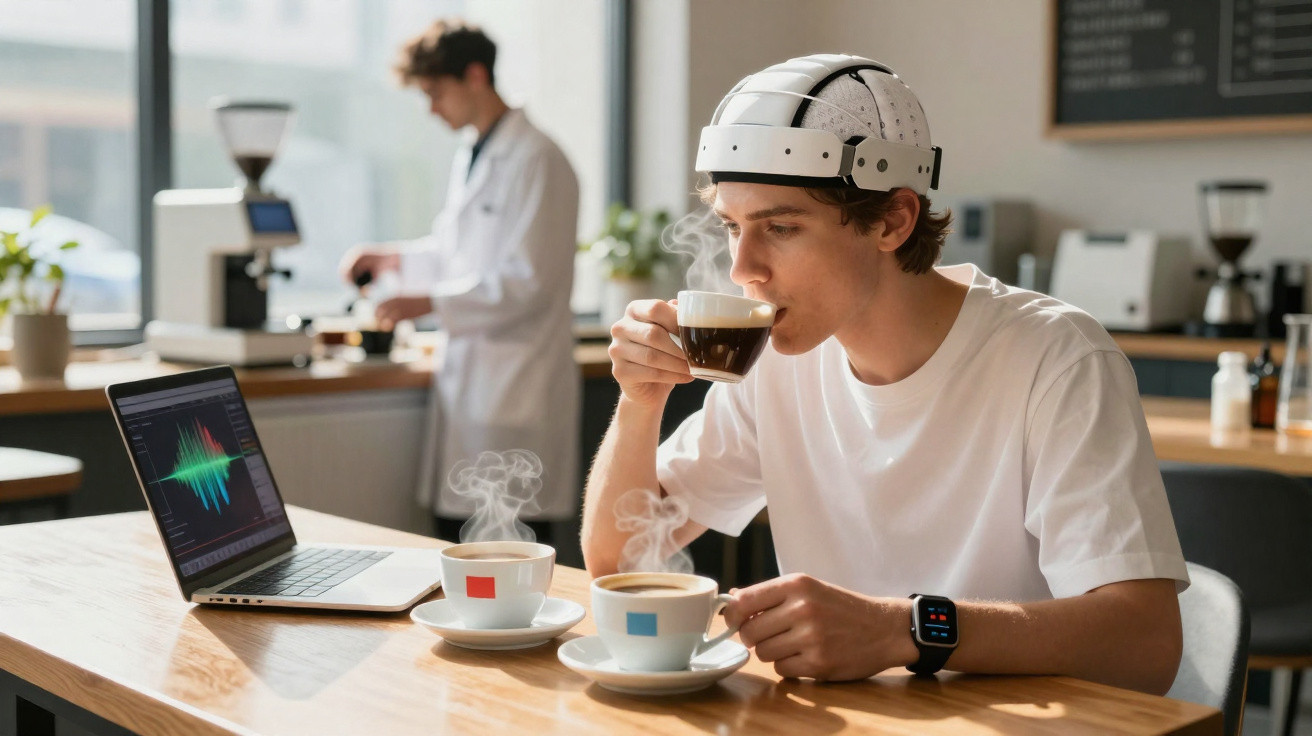 Jovem com capacete tecnológico bebe café numa mesa com portátil aberto e três chávenas de café fumegantes.