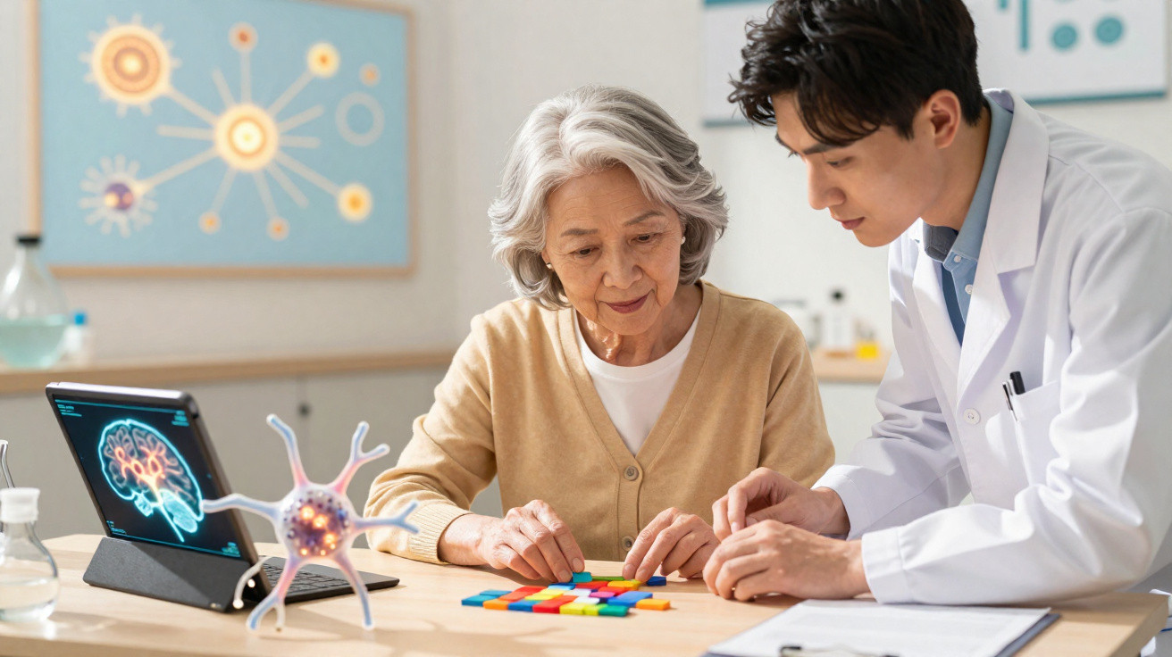 Idosa e médico fazem exercício cognitivo com peças coloridas numa consulta neurológica.