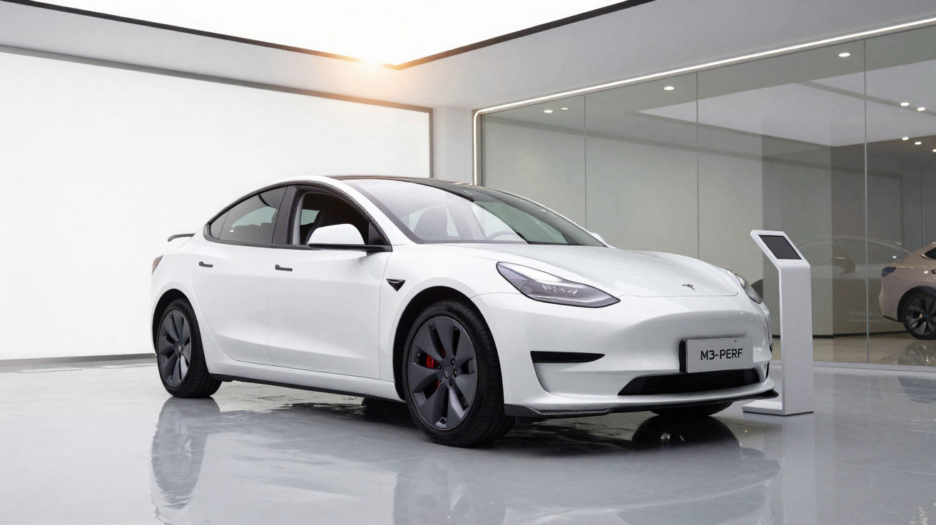 Carro elétrico Tesla Modelo 3 branco estacionado em showroom moderno e luminoso.