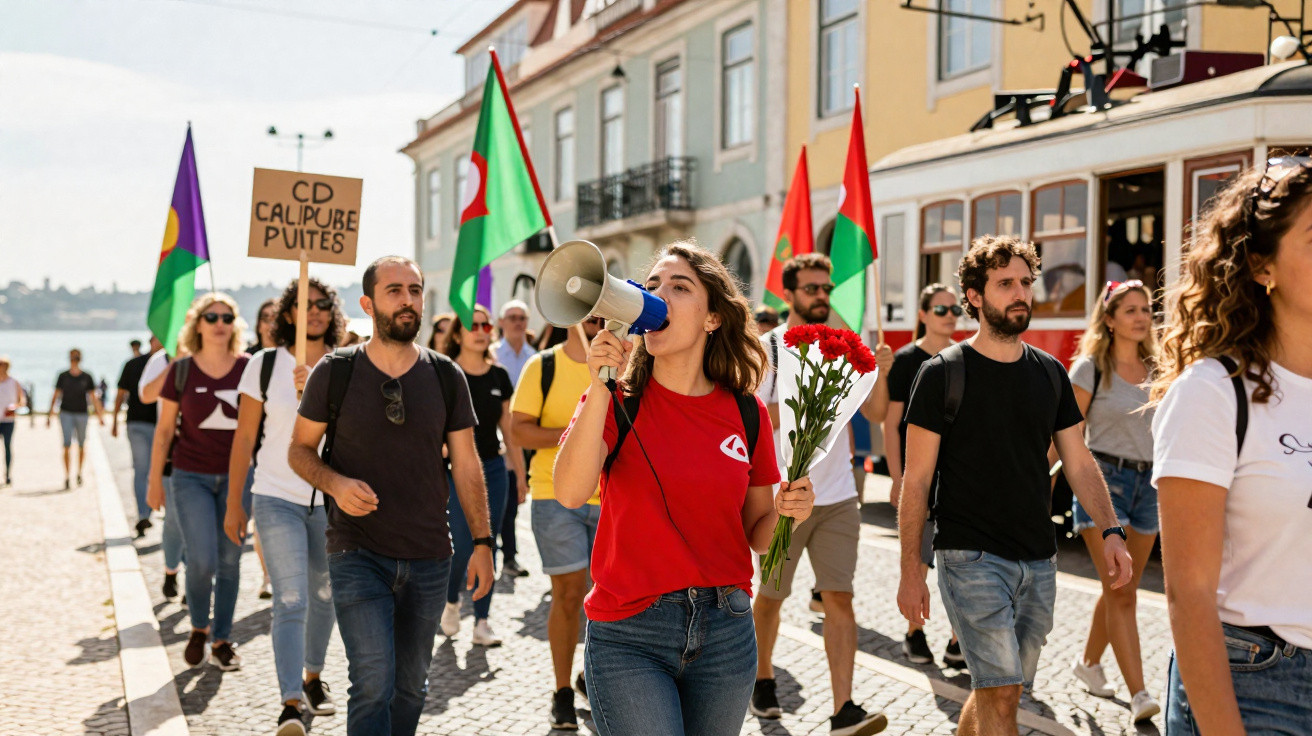 Grupo de pessoas em marcha com bandeiras, cartazes e megafone numa rua ensolarada junto ao rio.