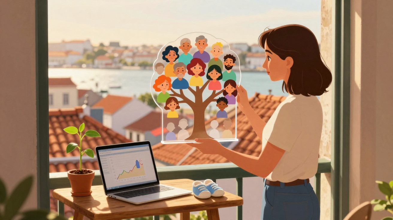 Mulher olha árvore genealógica ilustrada, em varanda, com computador, planta e sapatinhos de bebé na mesa.
