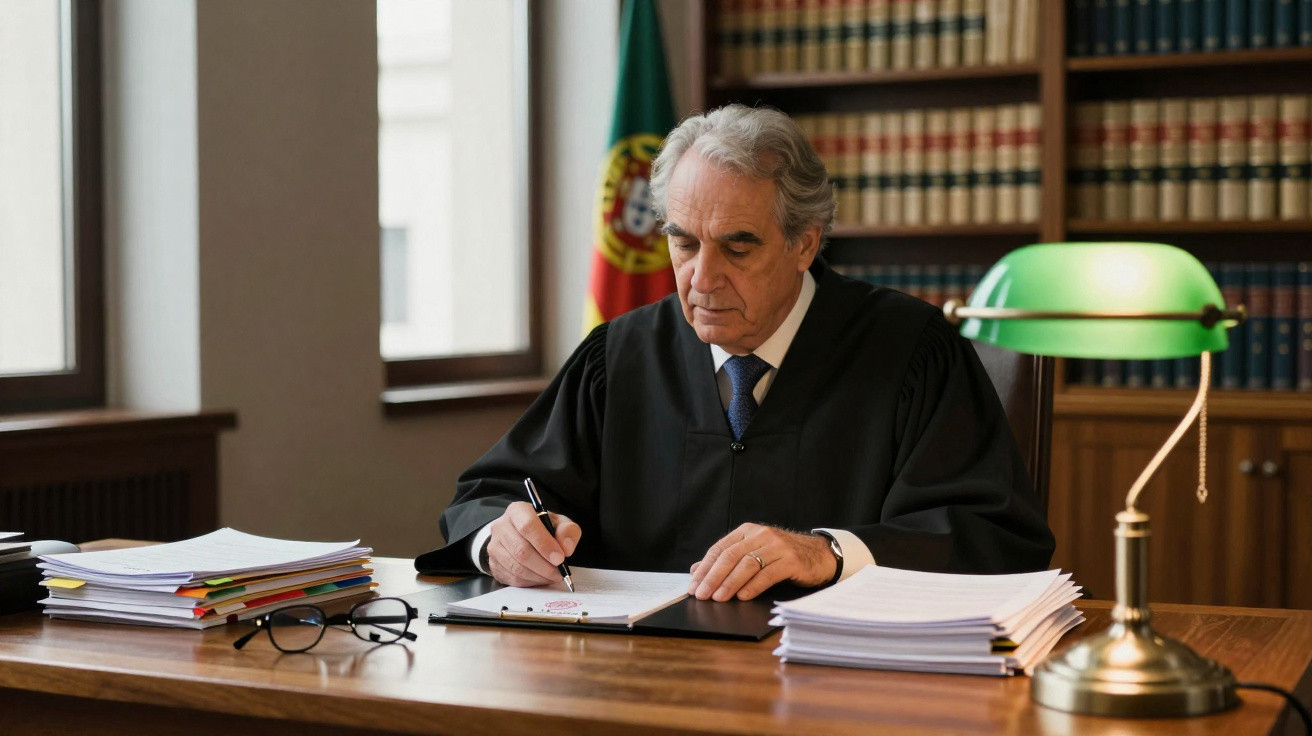 Juiz idoso com toga a escrever numa secretária, com livros jurídicos ao fundo e bandeira de Portugal.