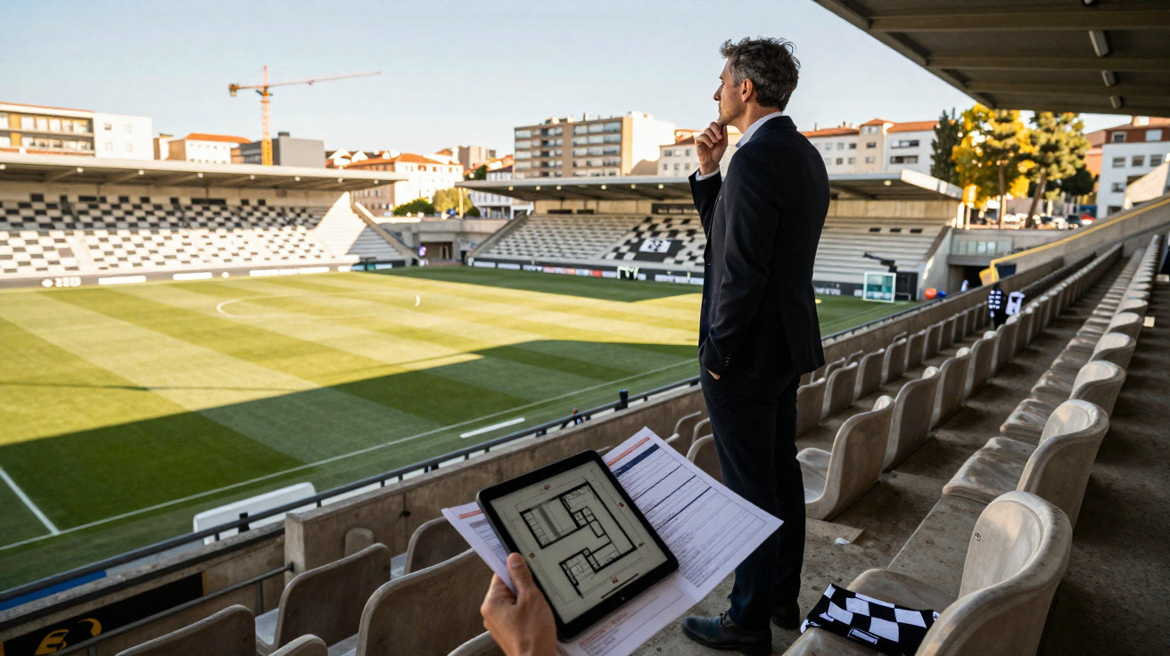 Homem de pé observa estádio de futebol vazio, enquanto outro segura planta no tablet e papel.
