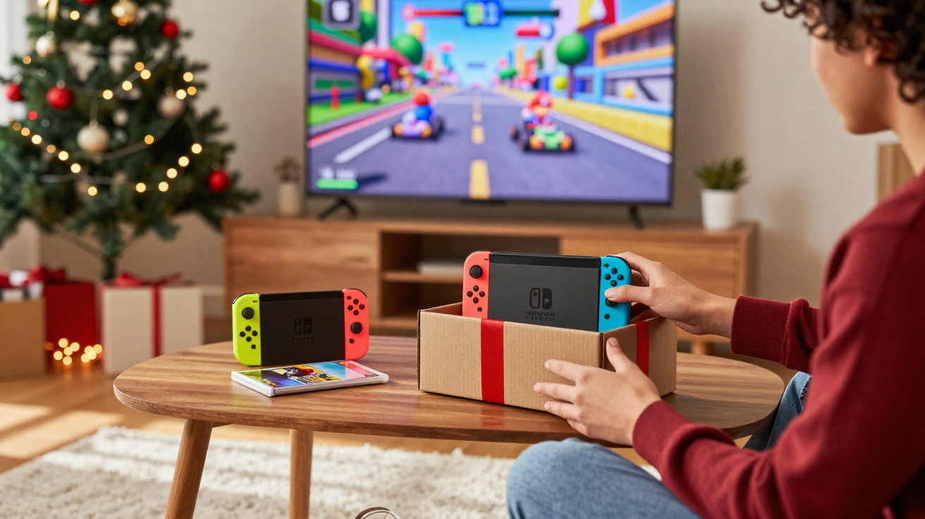 Pessoa a tirar uma consola Nintendo Switch de uma caixa na sala decorada com árvore de Natal e televisão ligada.