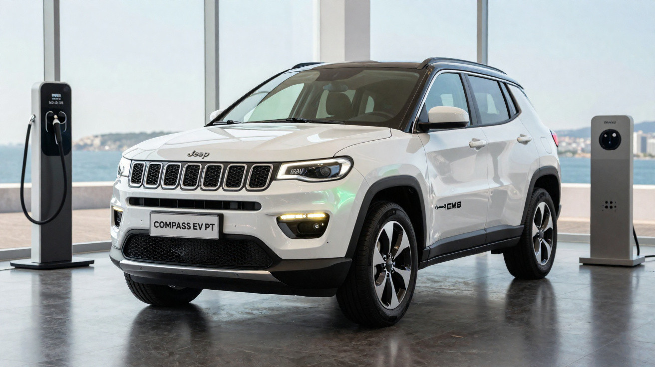 Veículo elétrico Jeep Compass EV branco numa estação de carregamento interior com vista para o mar.