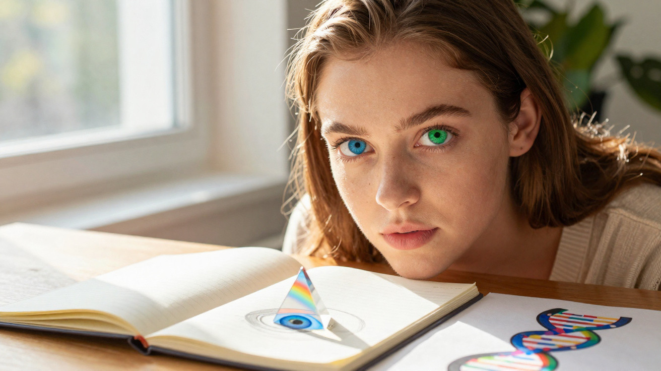 Jovem com olhar intenso e olhos azuis diferentes, olhando para um prisma sobre um livro aberto com desenhos científicos.