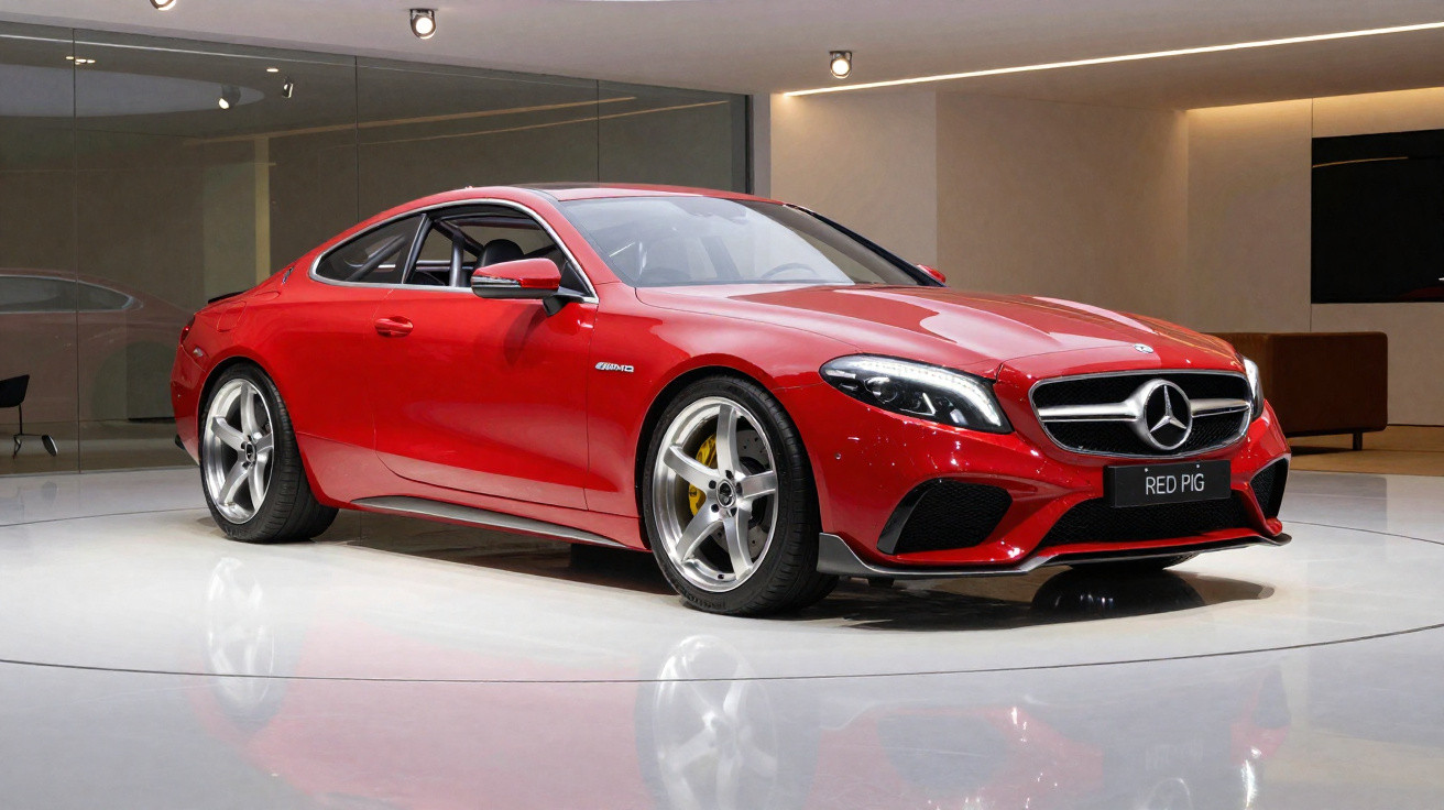 Carro desportivo clássico vermelho Mercedes-Benz exposto em interior moderno e iluminado.