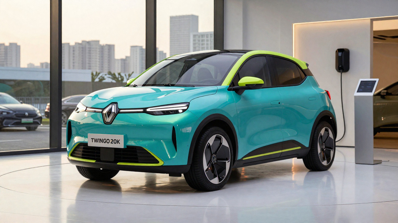 Carro elétrico Renault Twingo 20K verde água em exposição numa sala moderna com carregador elétrico.
