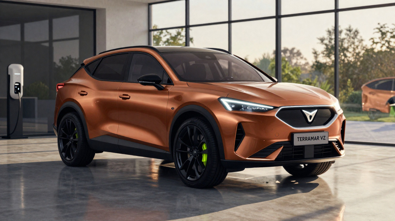 Carro elétrico SUV Cupra Terramar VZ laranja estacionado em espaço interior moderno com carregador elétrico.