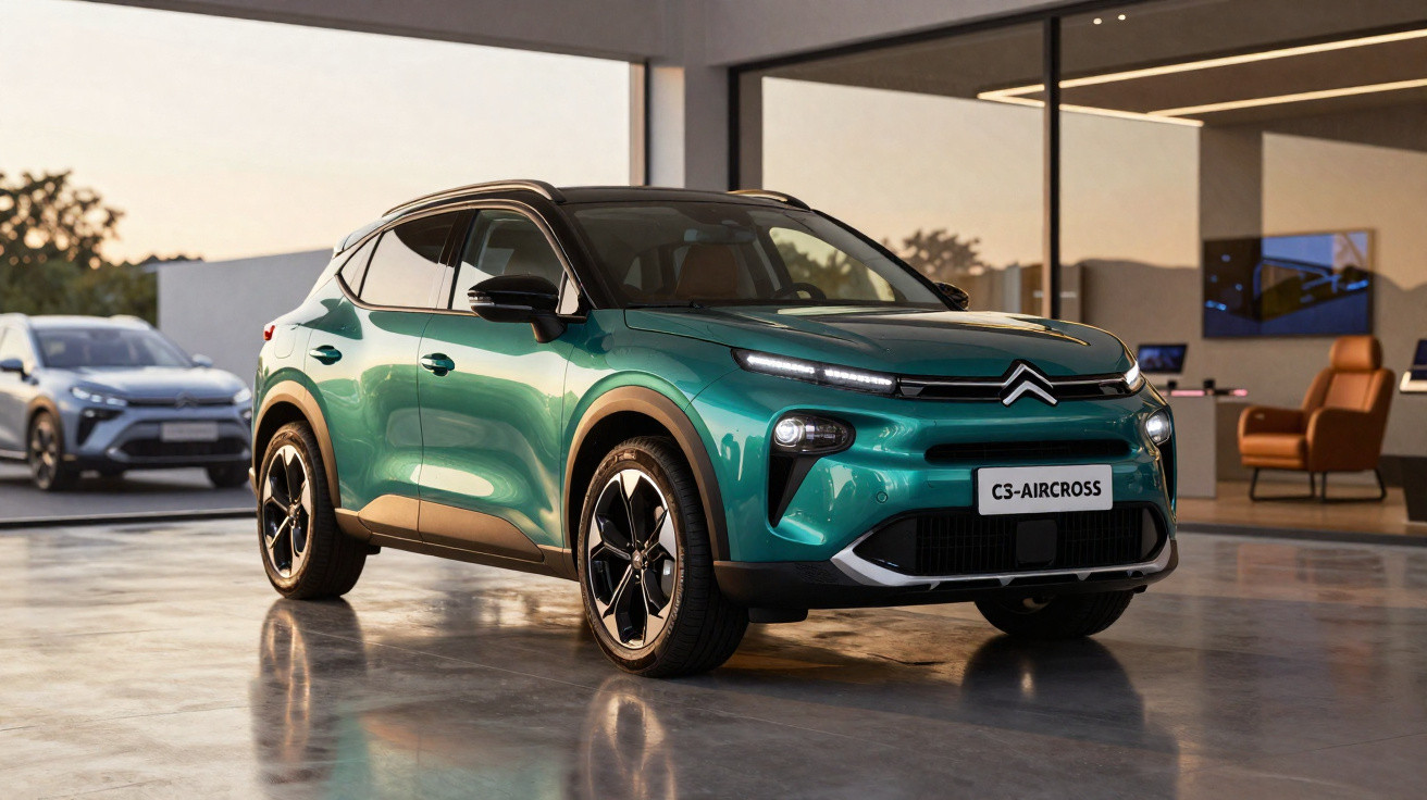 Automóvel Citroën C3 Aircross verde estacionado em espaço interior moderno e iluminado.