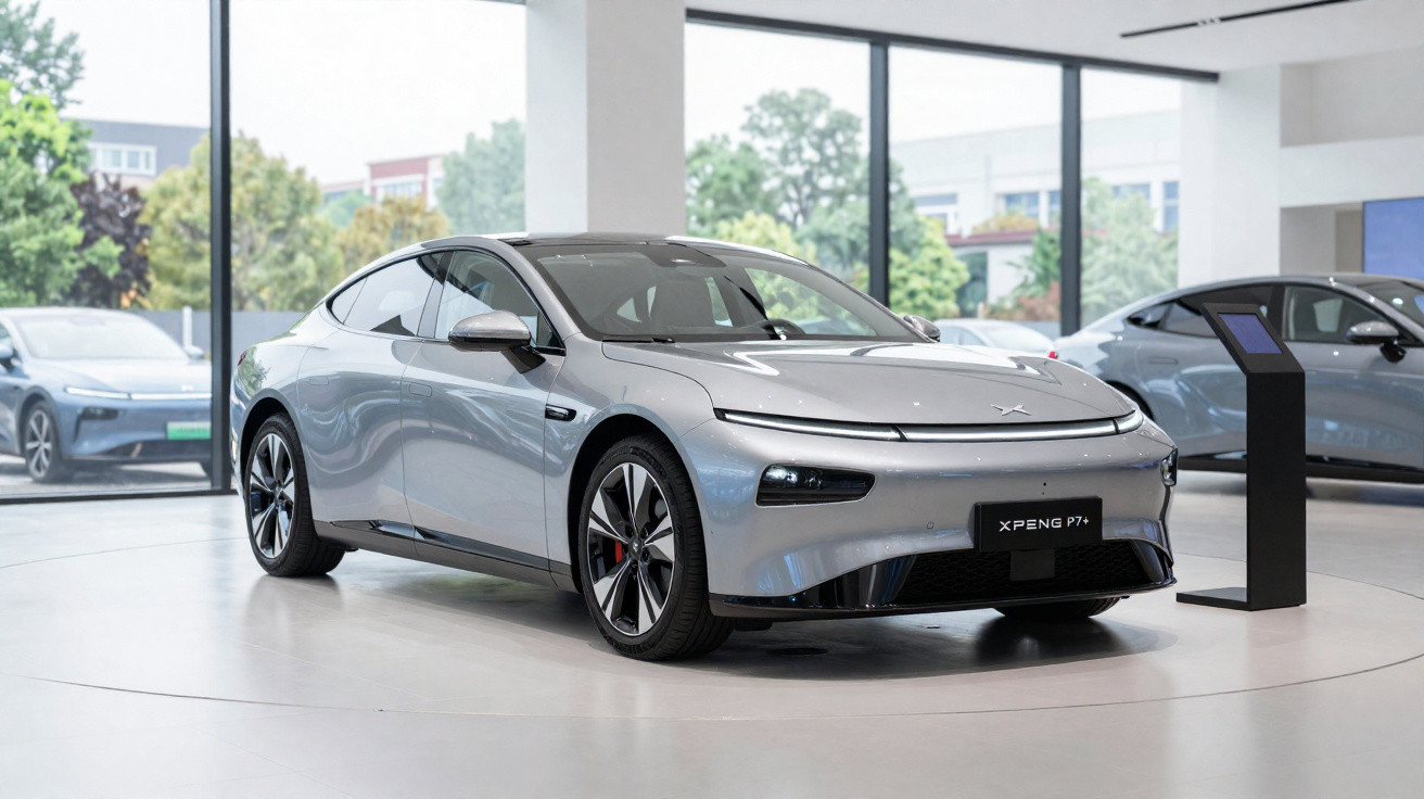 Carro elétrico cinza XPeng P7+ estacionado numa garagem com piso branco e luz natural pelas janelas grandes.