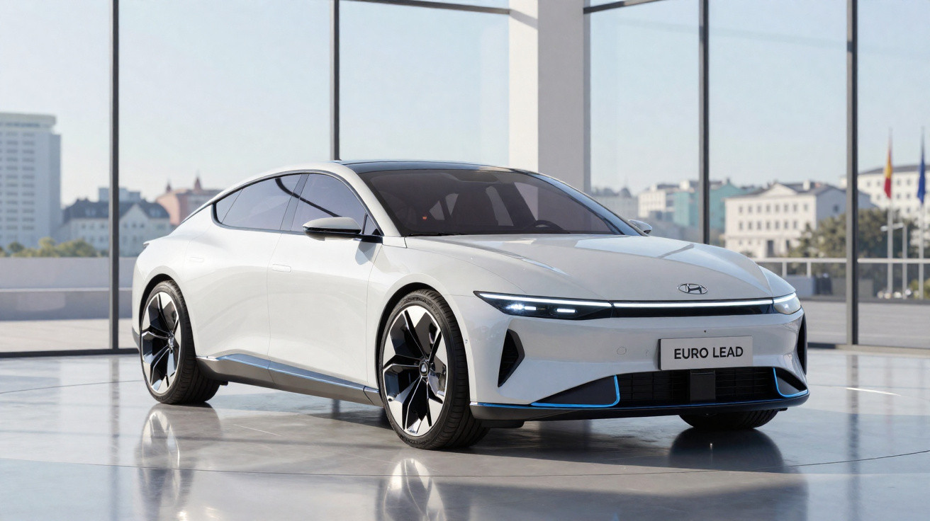 Carro elétrico branco Hyundai Euro Lead estacionado em ambiente moderno com janelas amplas e vista urbana.