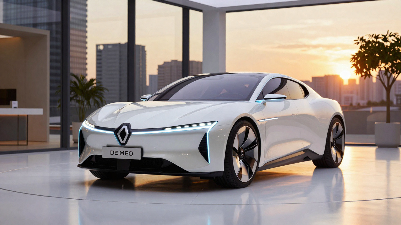 Carro desportivo elétrico branco Renault de design futurista em espaço fechado com vista para cidade ao pôr do sol.