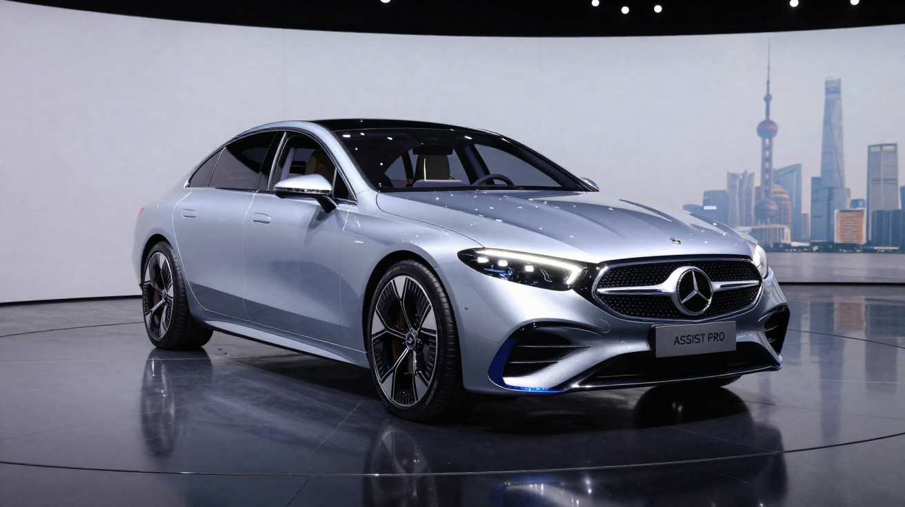 Carro elétrico Mercedes-Benz ASSIST PRO prateado apresentado numa exposição automóvel com fundo urbano desfocado.