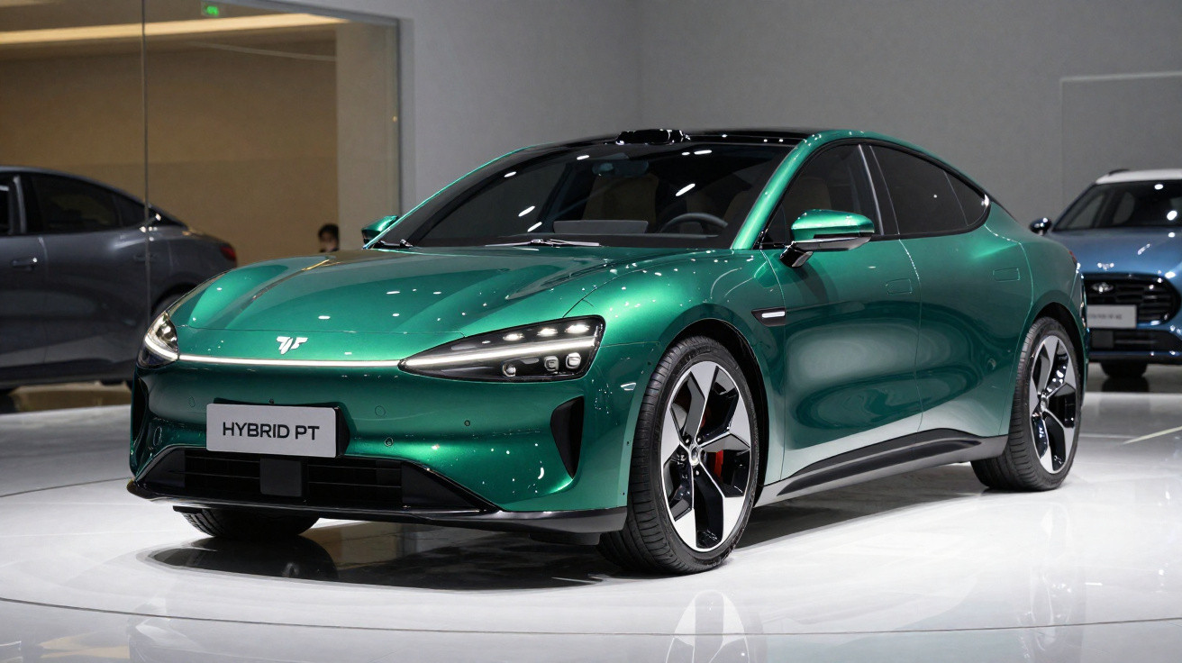 Carro elétrico verde metálico exibido numa sala de exposições com design moderno e linhas aerodinâmicas.