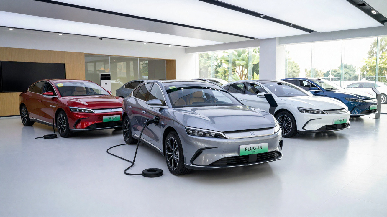 Mostruário de cinco carros eléctricos modernos carregando numa exposição interior bem iluminada.