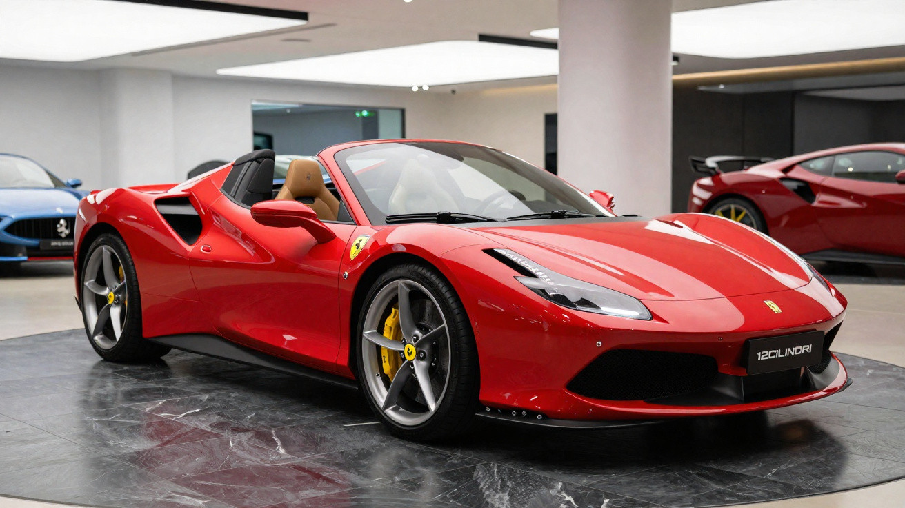 Ferrari descapotável vermelha estacionada em showroom com interior bege e jantes cinzentas.