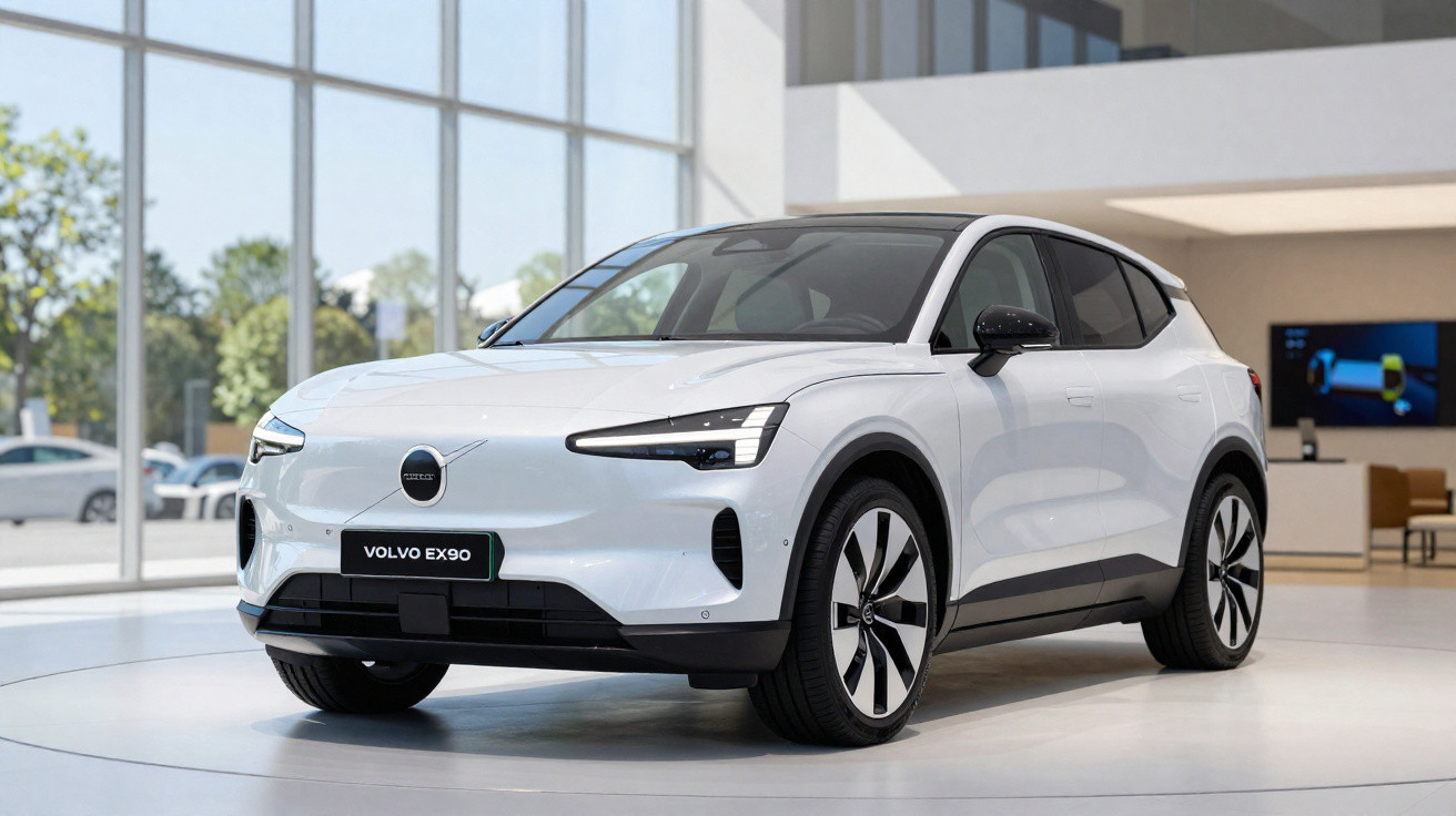 Carro elétrico Volvo EX90 branco em exibição numa sala de showroom moderna e luminosa.