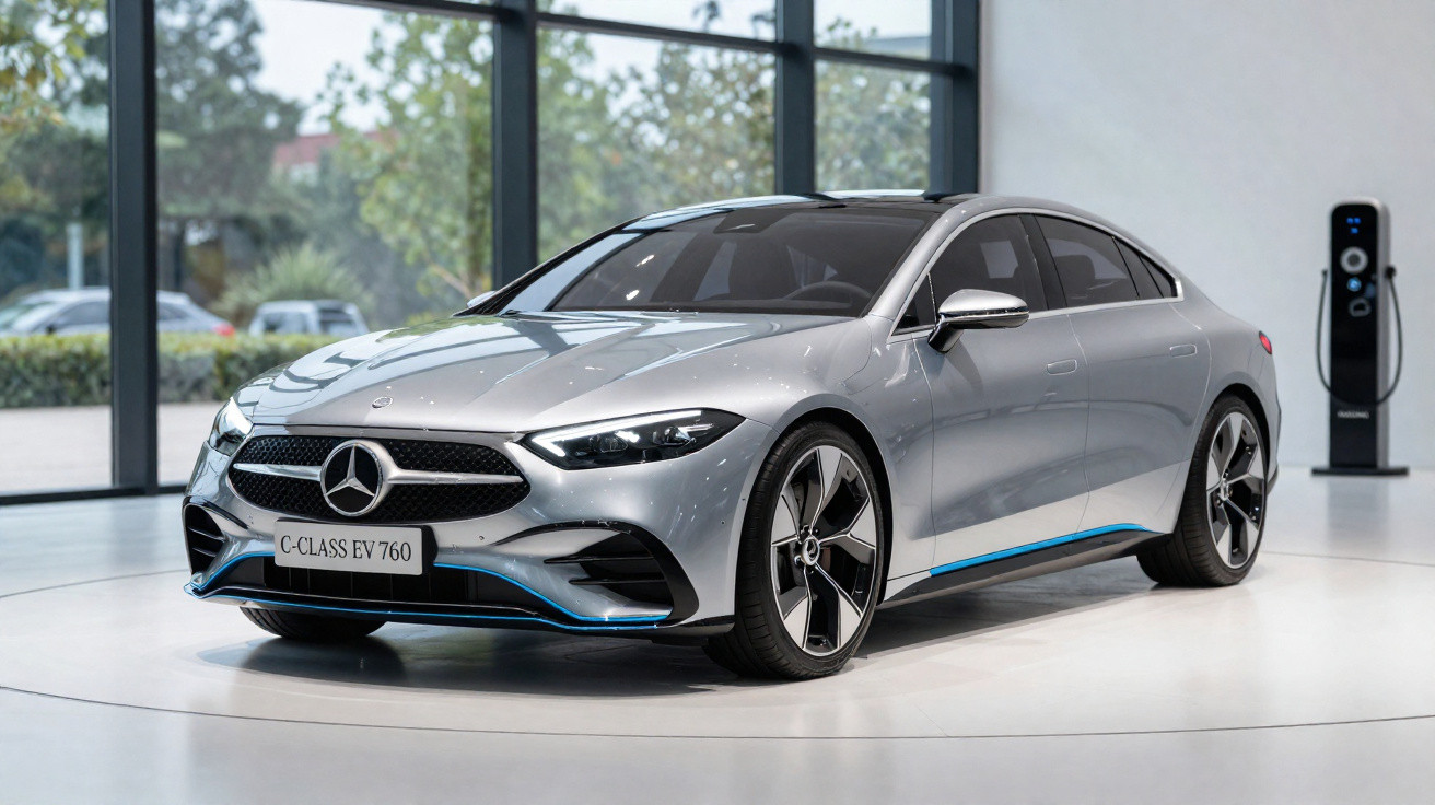 Carro elétrico Mercedes-Benz C-Class EV 760 cinza prateado num showroom com estação de carregamento.
