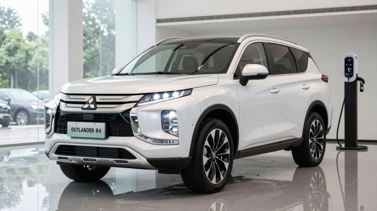 Carro SUV branco Mitsubishi Outlander 84 estacionado dentro de concessionária com parede de vidro ao fundo.