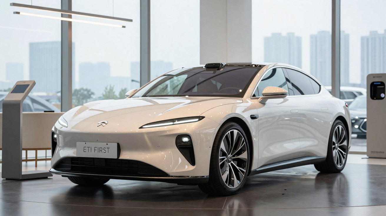 Carro elétrico branco Nio ET9 First estacionado ao lado de um carregador numa sala moderna com janelas grandes.