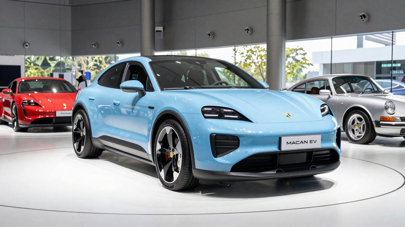 Carro elétrico Porsche Macan EV azul exposto em salão com outros modelos Porsche ao fundo.