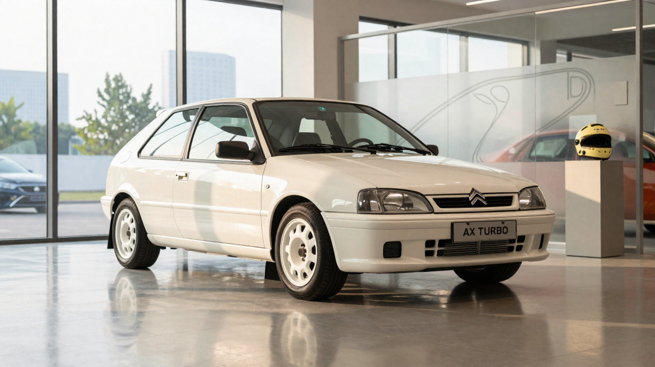 Carro Citroën AX Turbo branco estacionado num showroom moderno com janelas grandes.