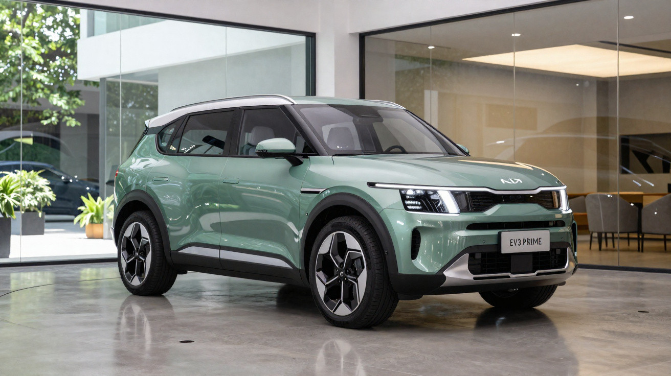 Carro elétrico SUV Kia EV3 Prime verde estacionado em espaço interior com chão espelhado.