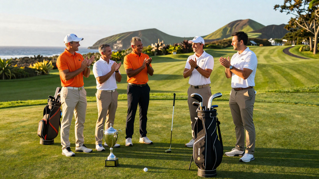 Cinco golfistas aplaudem jogador que se prepara para putt, com troféu e cenário de montanha e mar ao fundo.