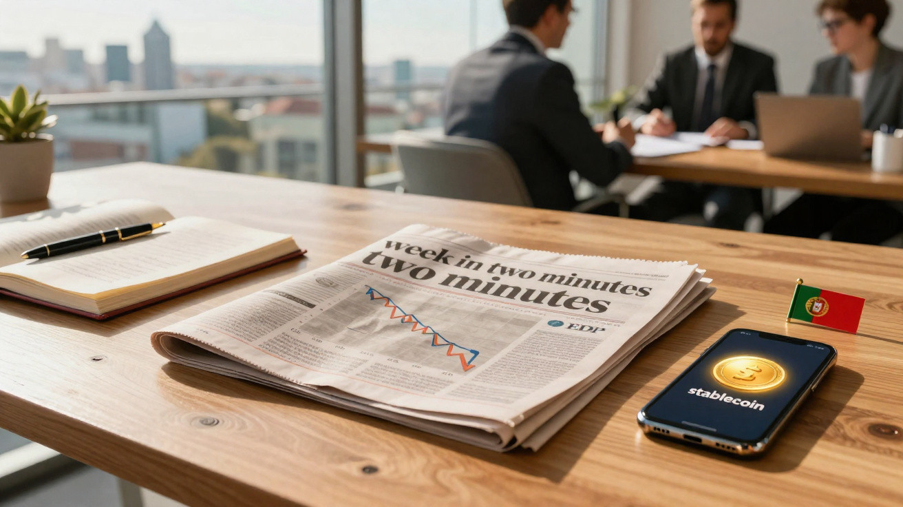Mesa de escritório com jornal, telemóvel com app de stablecoin e bandeira de Portugal, pessoas em reunião ao fundo.