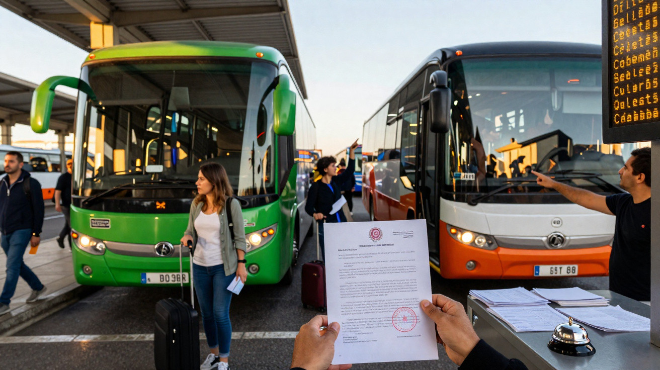 Terminal rodoviário com autocarros estacionados, passageiros com bagagens e pessoa a mostrar um documento.