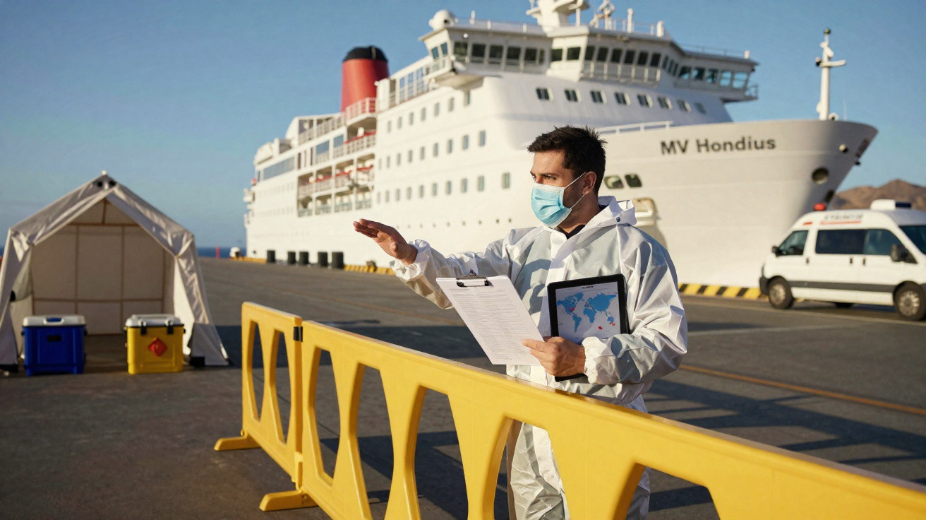 Profissional de saúde com equipamento de proteção verifica documentação junto a navio no porto.