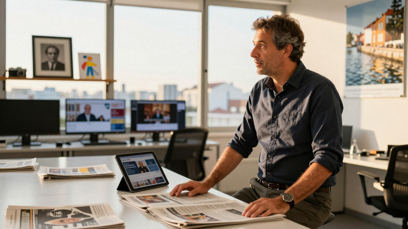 Homem apresenta notícias em escritório moderno com vários jornais e computadores numa mesa ampla.