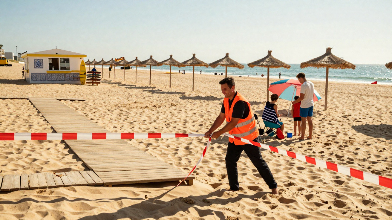Funcionário com colete laranja a abrir passagem com barreira vermelha numa praia com três crianças e chapéus de palha ao fund