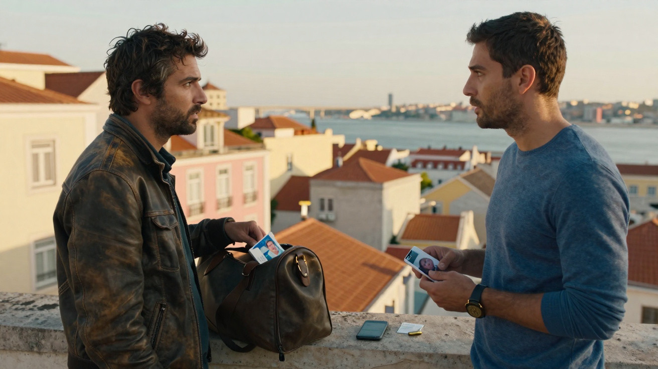 Dois homens conversam numa varanda com vista para telhados e o rio ao fundo, um segura uma fotografia.